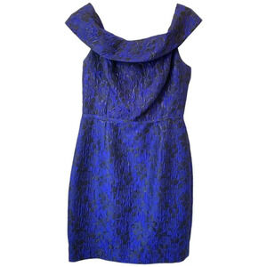 RICKIE FREEMAN TERI JON Off Shoulder Jacquard Dress Royal Blue Size 8 Cocktail